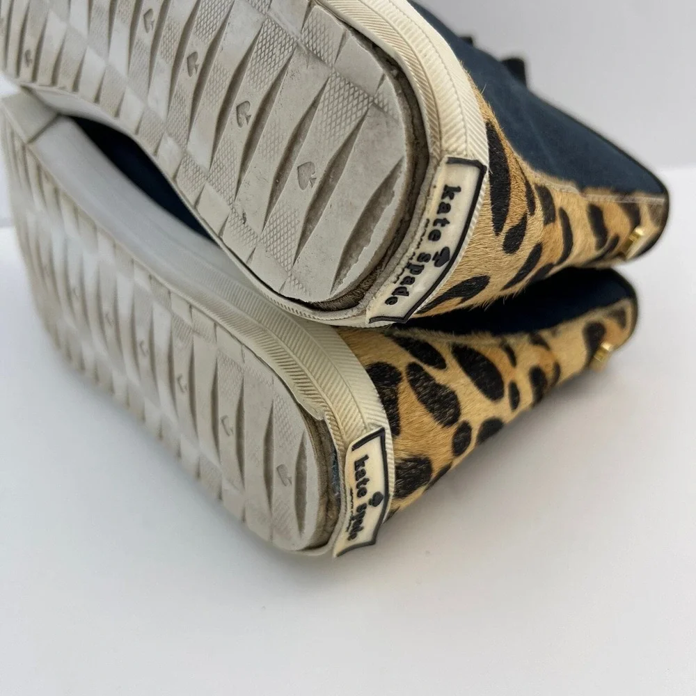 Kate Spade High Top Sneakers Navy Denim Leopard Calf Hair Womens Size 8M
